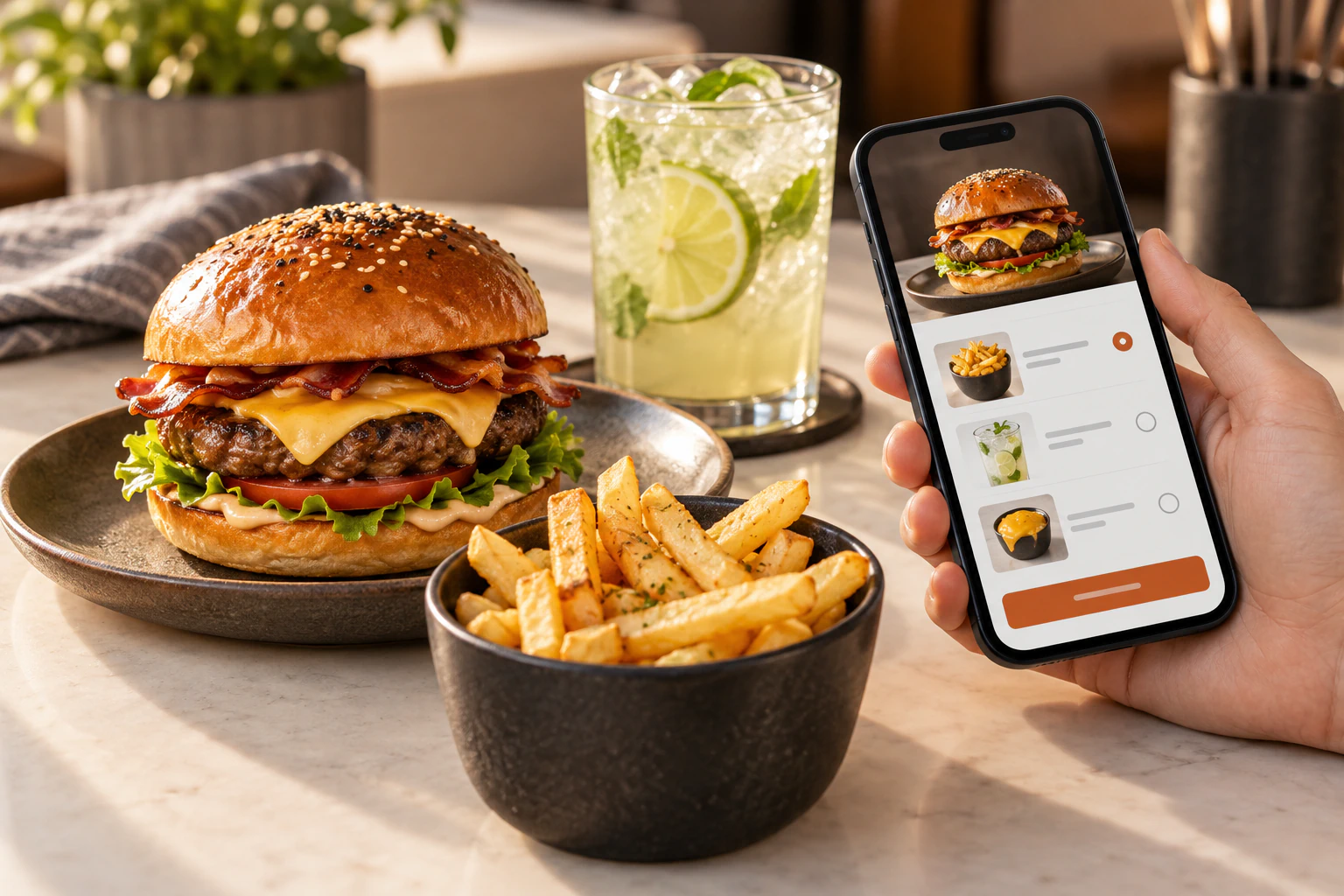 Hambúrguer e acompanhamentos ao lado de um celular