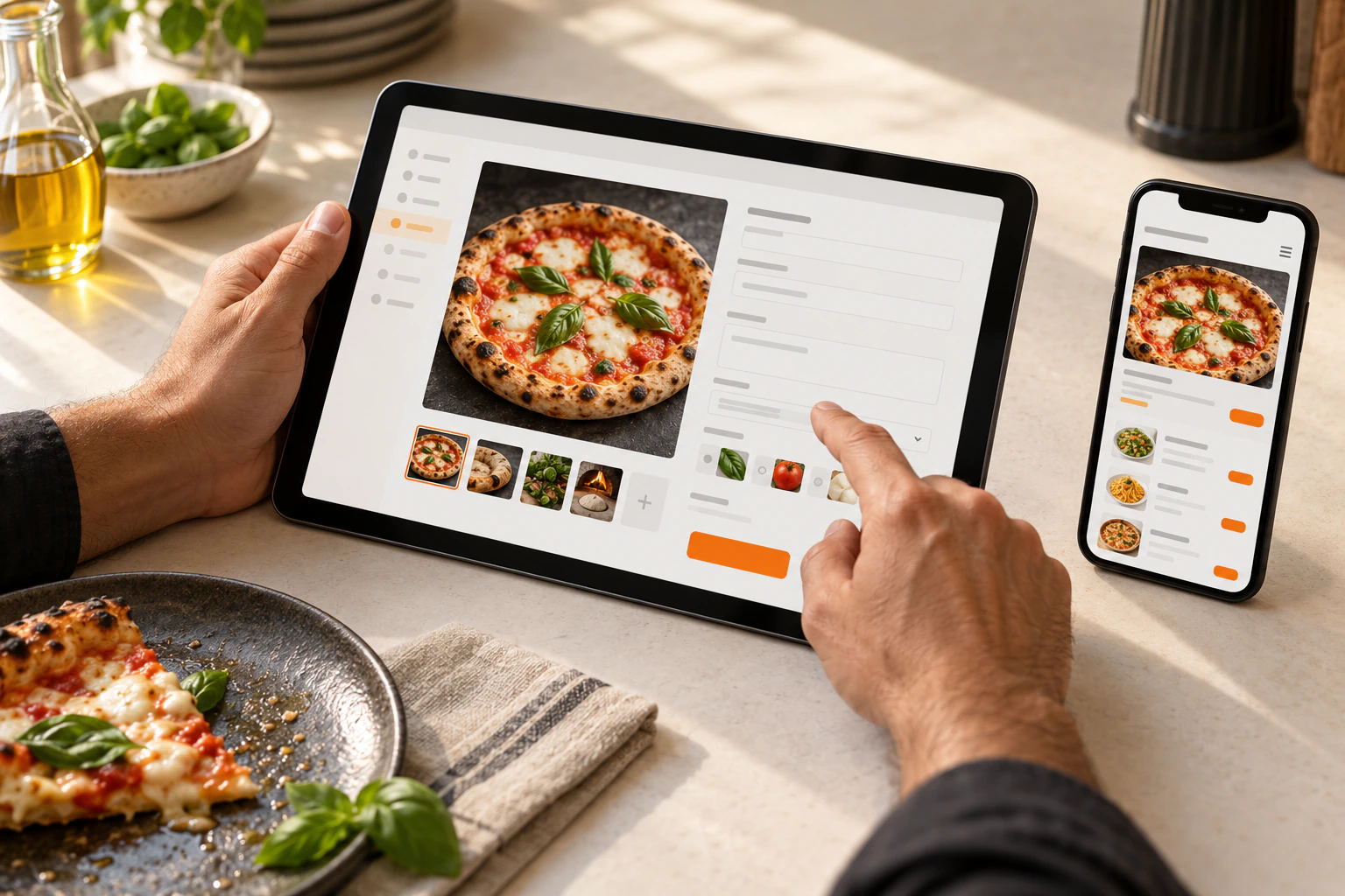 Tablet com edição de produto e celular com cardápio