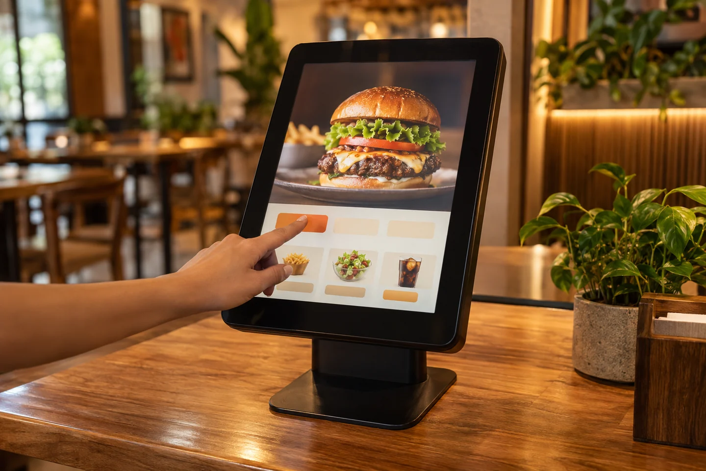 Cliente usando um totem de autoatendimento no restaurante