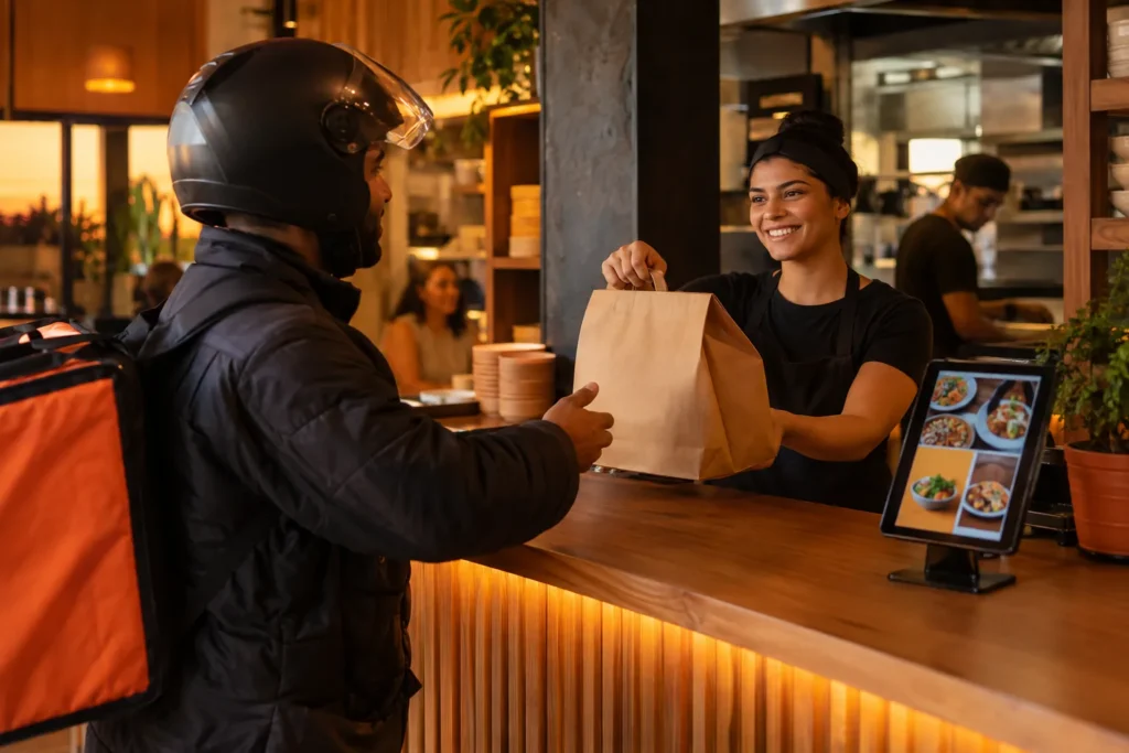 Entregador retira no balcão o pedido de delivery feito pelo cardápio digital