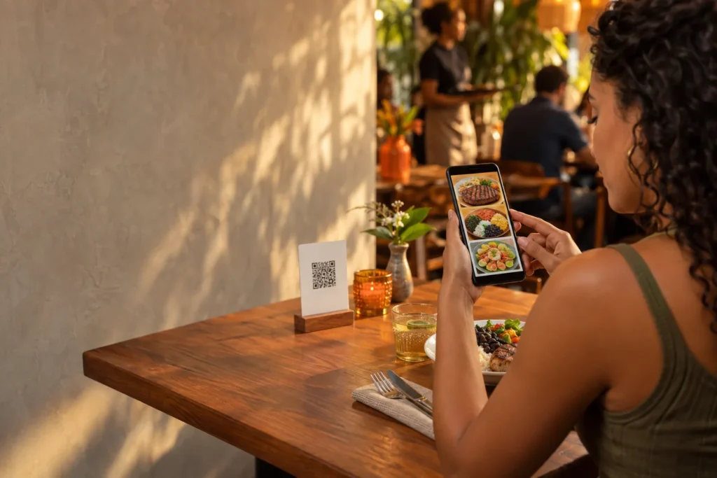 Cliente consulta o cardápio digital no celular com QR code na mesa