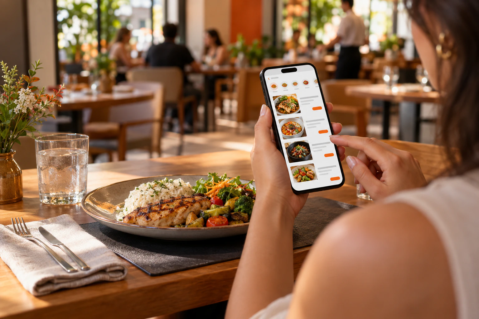 Cliente consulta o celular durante o almoço à mesa