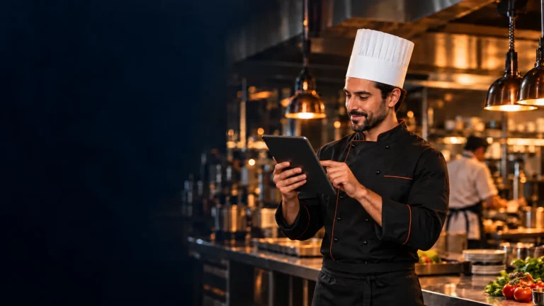 Chef usando um tablet na cozinha de um restaurante.