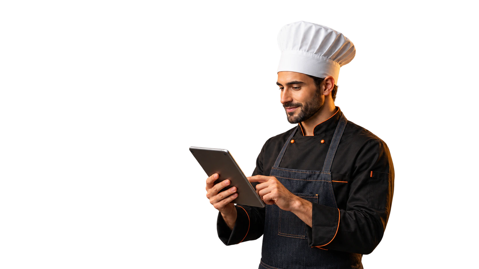 Chef de avental escuro, voltado para a esquerda e trabalhando no tablet, com o vapor da cozinha visível ao lado