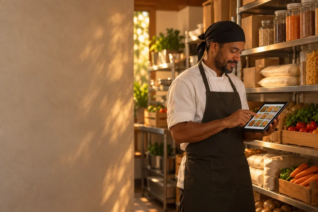 Cozinheiro faz o controle de estoque do restaurante no tablet, na despensa de insumos