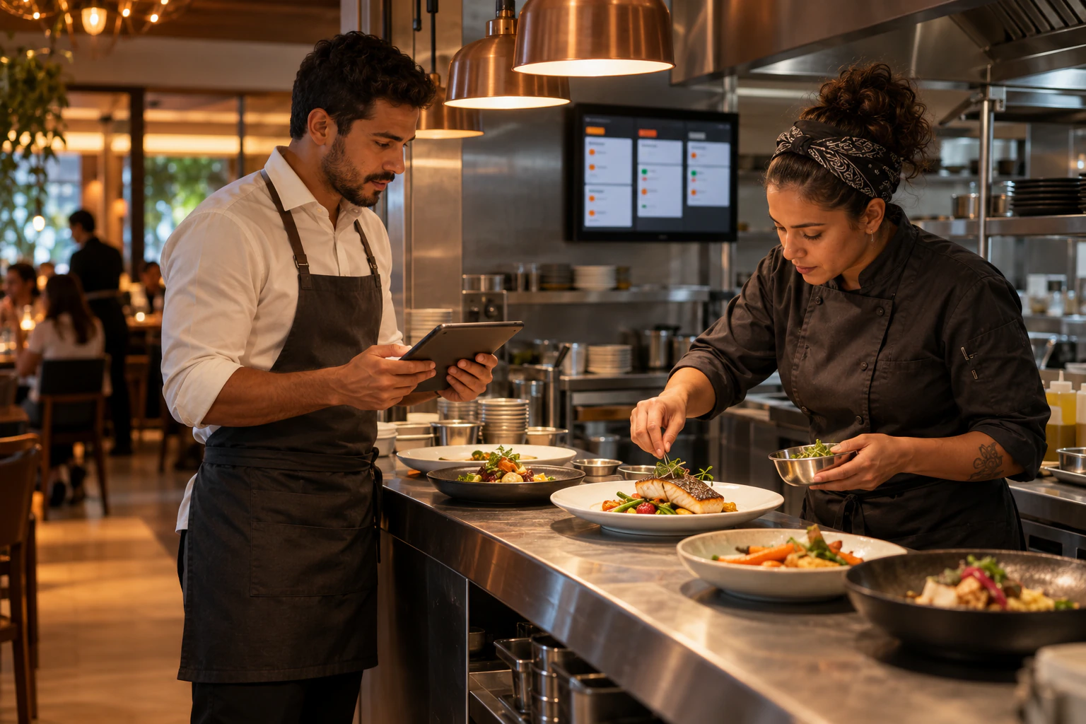Garçom consulta um tablet enquanto a chef finaliza um prato