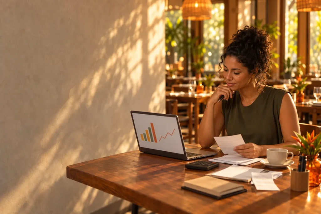 Dona do restaurante cuida da gestão financeira no laptop, com notas e calculadora na mesa