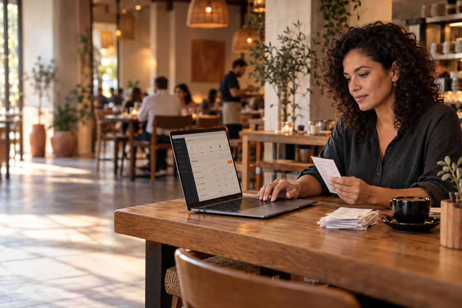 Gestora confere informações no laptop e recibos no salão