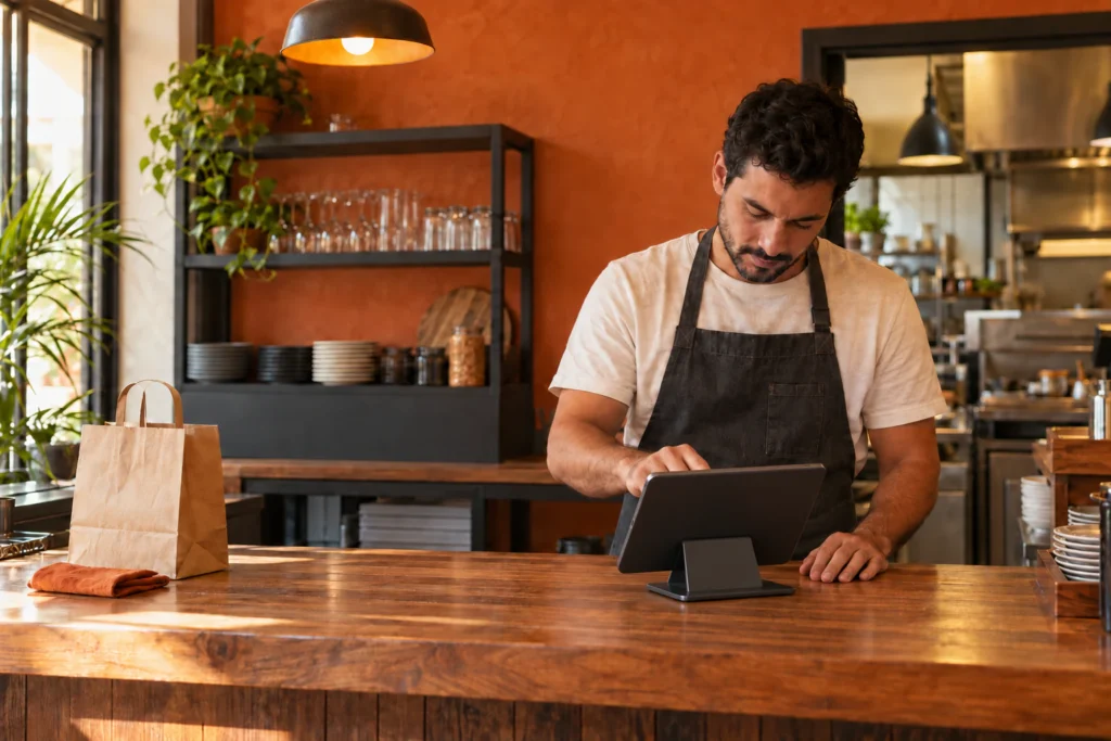 Atendente acompanha os pedidos num tablet no balcão