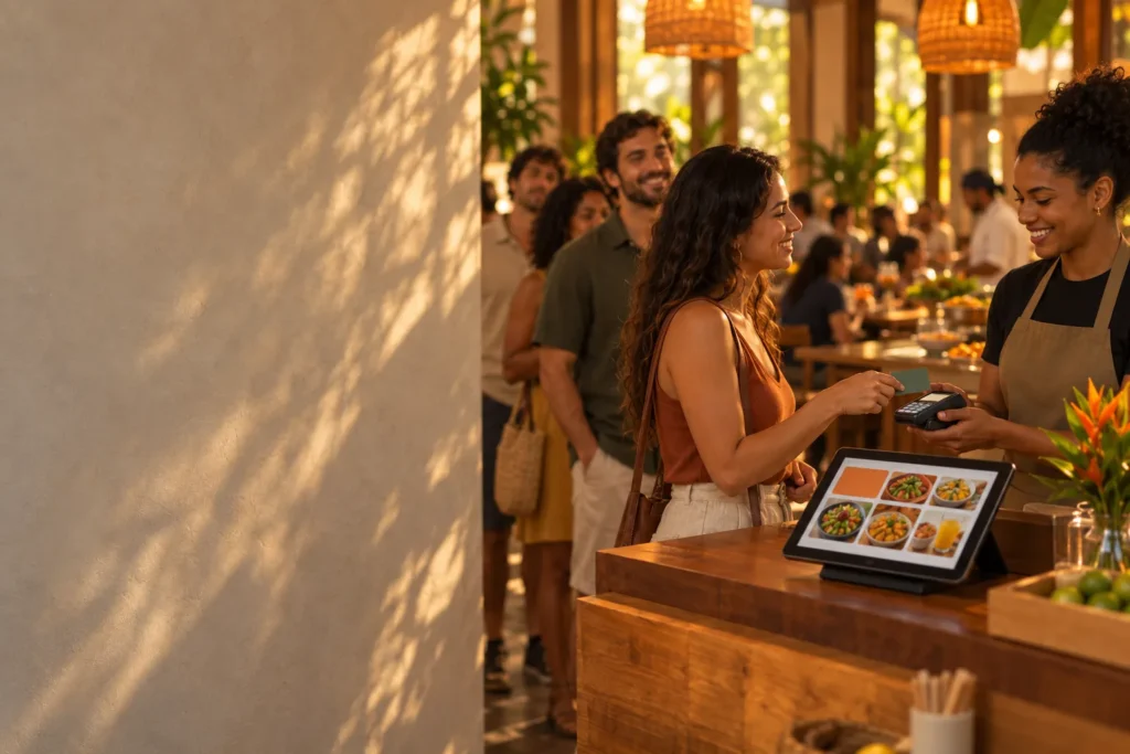 Cliente paga com cartão no caixa do balcão, ao lado do tablet do PDV do restaurante