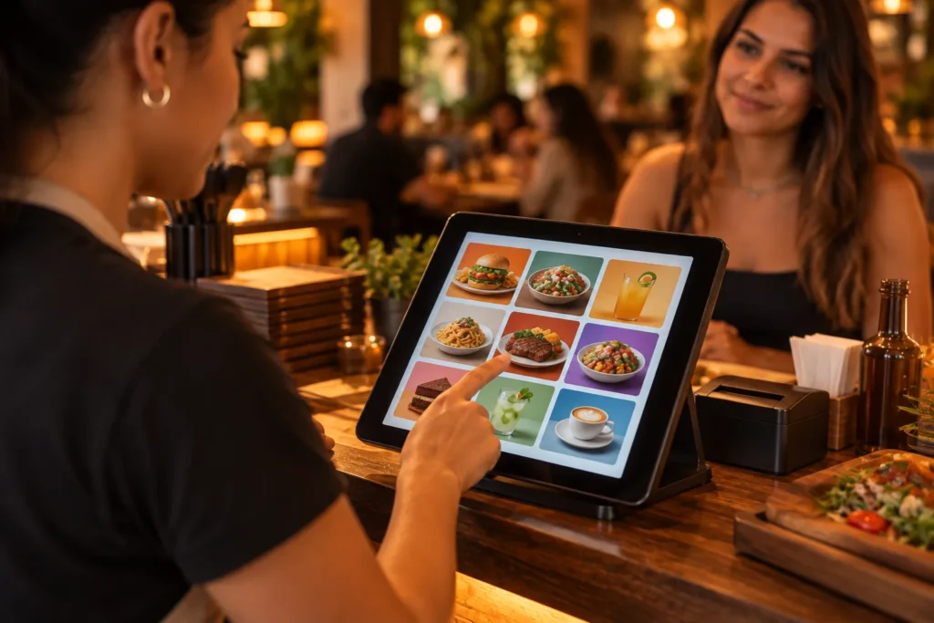 Atendente monta o pedido no PDV do restaurante, no tablet do balcão, enquanto a cliente espera