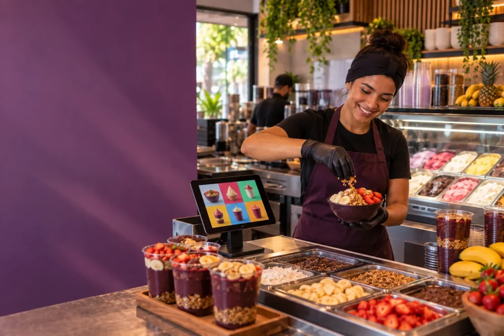 Atendente monta a tigela de açaí no balcão da açaiteria e sorveteria, ao lado do tablet do caixa