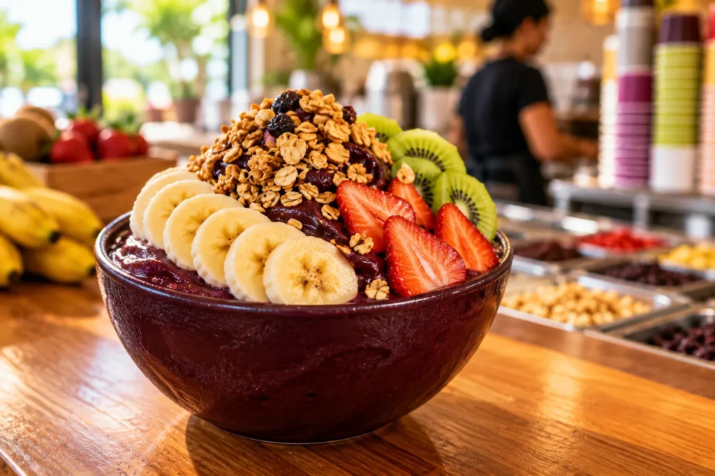 Tigela de açaí com banana, morango, kiwi e granola no balcão da açaiteria