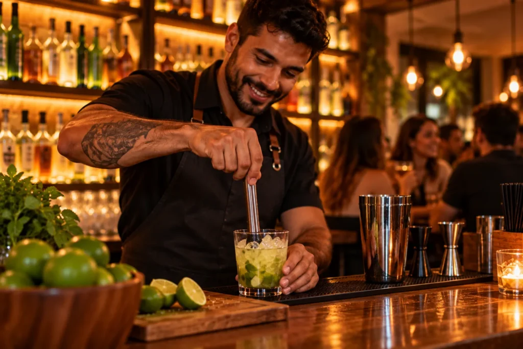 Bartender prepara uma caipirinha no balcão do bar, com os clientes ao fundo