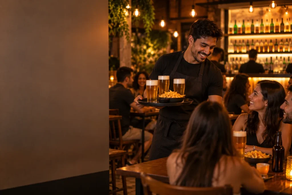 Garçom leva chopes e uma porção de fritas às mesas do bar, à noite