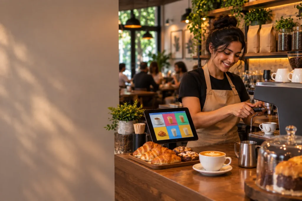 Barista tira um espresso no balcão da cafeteria, com cappuccino, croissants e o tablet do caixa