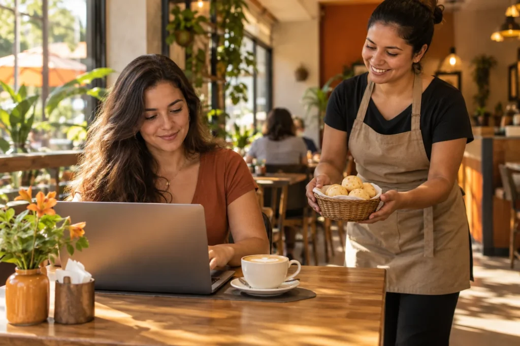 Cliente trabalha no notebook com um cappuccino enquanto a atendente traz pão de queijo na cafeteria