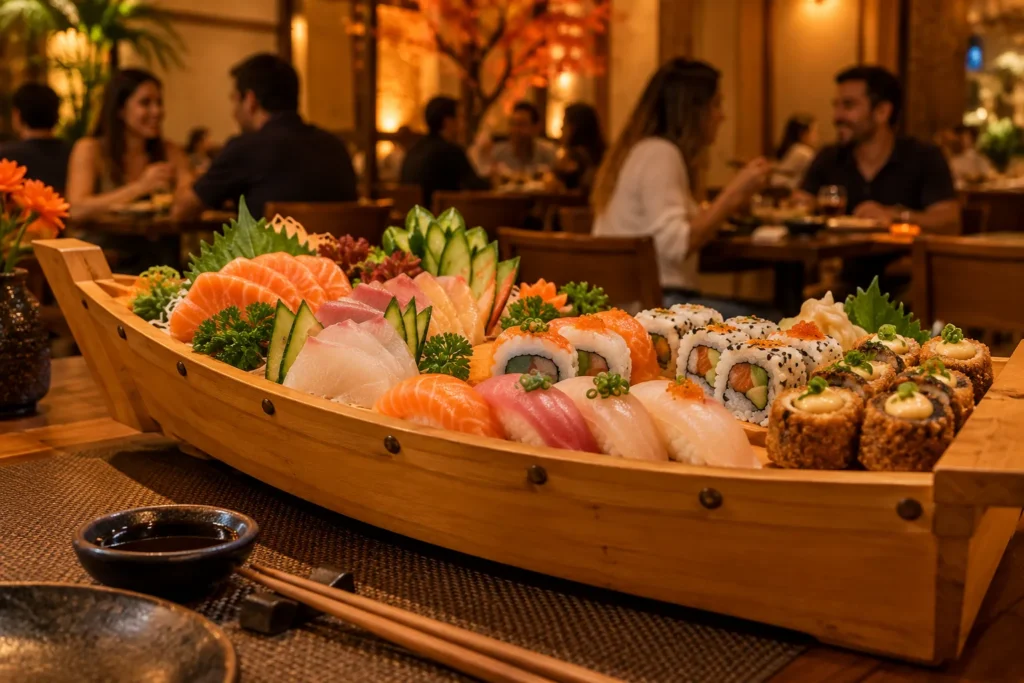 Barca de sushi, sashimi e uramakis servida à mesa no restaurante de comida japonesa