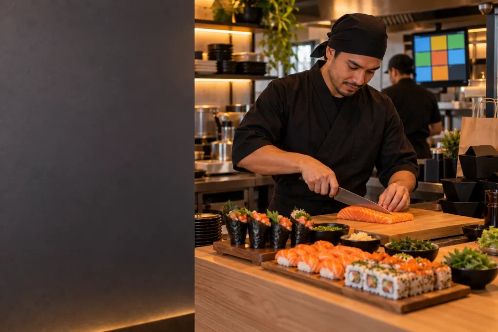 Sushiman corta salmão na cozinha de comida japonesa, com temakis, sushis e a tela da cozinha ao fundo