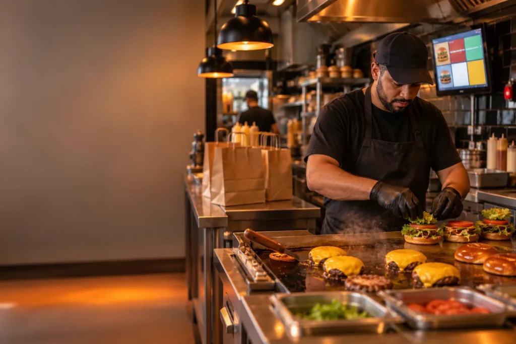 Chapeiro monta os hambúrgueres na chapa da hamburgueria, com a tela da cozinha ao fundo