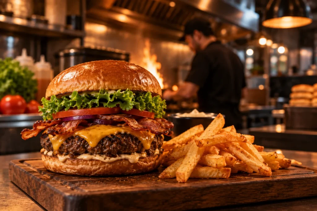 Hambúrguer artesanal com bacon, cheddar e batata frita na tábua da hamburgueria