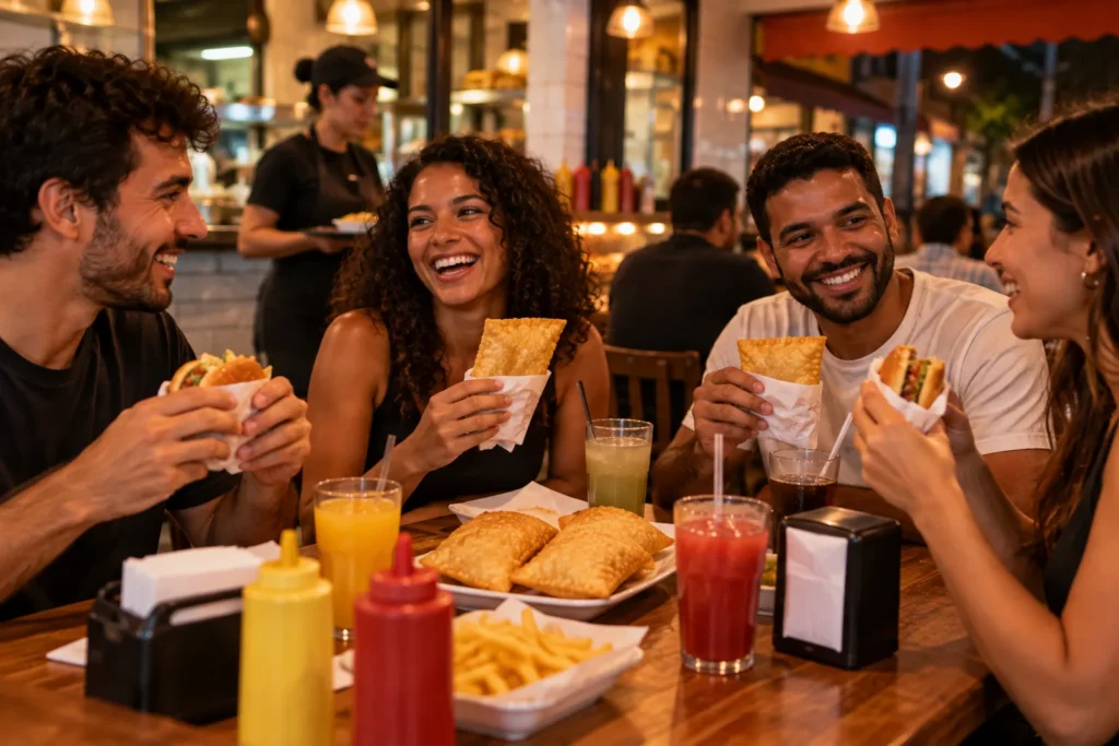 Amigos comem pastel, lanche e batata frita numa mesa da lanchonete
