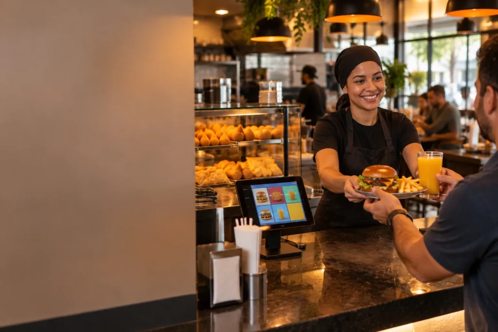 Atendente entrega lanche e suco no balcão da lanchonete, com o tablet do caixa ao lado