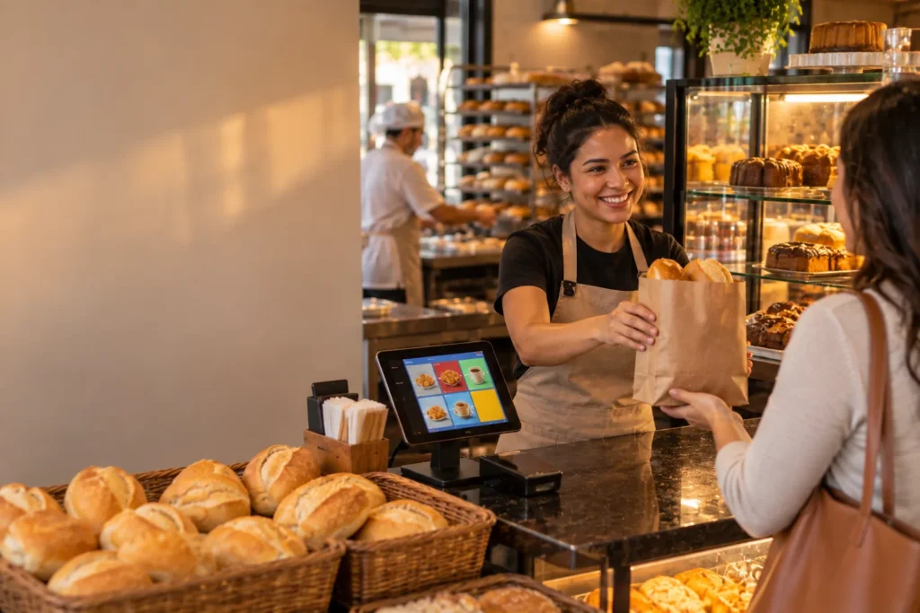 Atendente entrega pães franceses no balcão da padaria, com o tablet do caixa ao lado