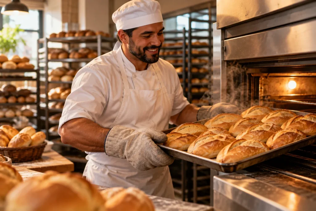 Padeiro tira do forno uma assadeira de pães na padaria