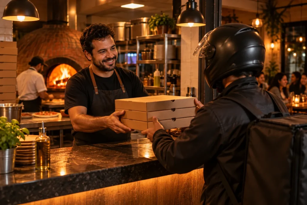 Atendente entrega as caixas de pizza ao entregador no balcão da pizzaria, com o forno a lenha ao fundo