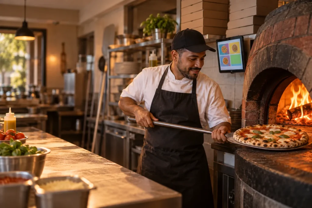 Pizzaiolo tira a pizza do forno a lenha, com a tela de pedidos da pizzaria na parede